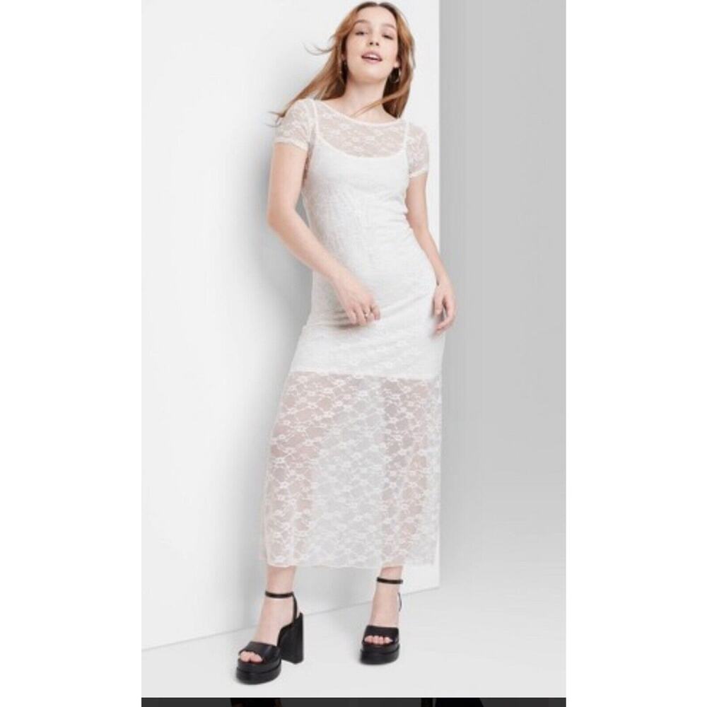 Wild Fable Women's Short Sleeve Maxi Dress, White Lace, Size S NWT